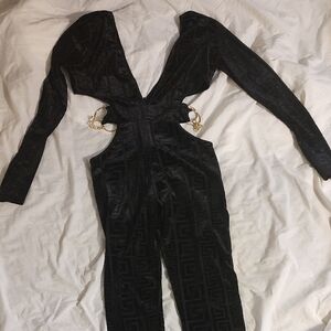 Black Cutout Jumpsuit with Gold Accents. Burnout Stretch Velvet.
